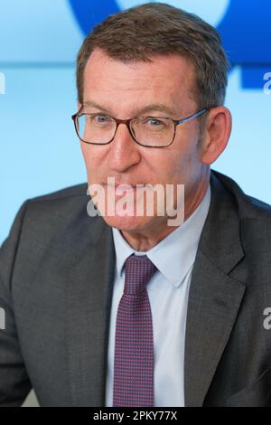Madrid, Spain. 10th Apr, 2023. The president of the Partido Popular, Alberto Núñez Feijóo, during the National Board of Directors of the PP, in Madrid. (Photo by Atilano Garcia/SOPA Images/Sipa USA) Credit: Sipa USA/Alamy Live News Stock Photo