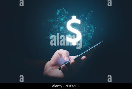 Close up hands of businessman using smartphone with dollar sign Stock Photo
