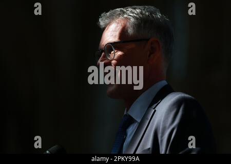 Magdeburg, Germany. 10th Apr, 2023. Jörg Uhle-Wettler, cathedral preacher, speaks in the cathedral to the guests of a festive service for the inauguration of five newly cast bells for the Magdeburg cathedral ringing. Credit: Peter Gercke/dpa-Zentralbild/dpa/Alamy Live News Stock Photo