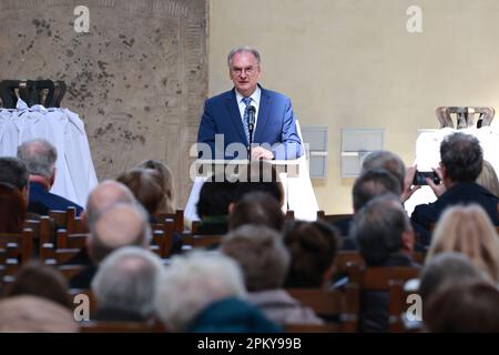 Magdeburg, Germany. 10th Apr, 2023. Reiner Haseloff (CDU), Minister President of Saxony-Anhalt, gives a speech in the cathedral during a festive service to inaugurate five newly cast bells for the cathedral bell ringing. Credit: Peter Gercke/dpa-Zentralbild/dpa/Alamy Live News Stock Photo