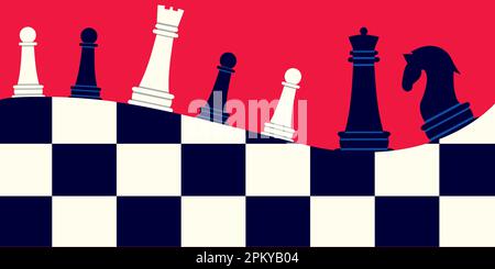 Chess pieces on a chessboard in a creative style on a red background Stock Vector