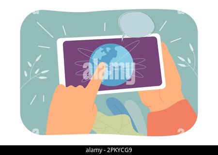 Hands holding cellphone with globe on screen and speech bubble Stock Vector