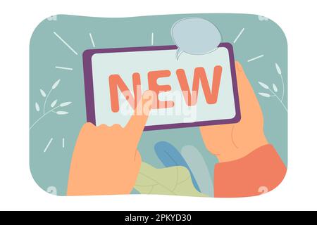 Hands of person holding phone with word new on screen Stock Vector