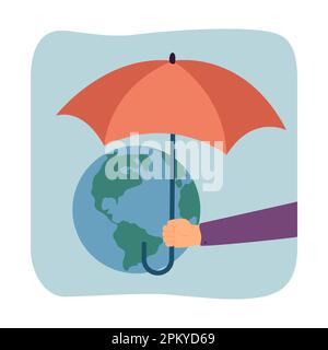 Human hand holding umbrella over planet flat vector illustration Stock Vector