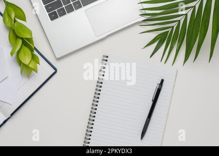 Workspace with blank notebook, laptop, office supplies and green leaves on white background. Stock Photo