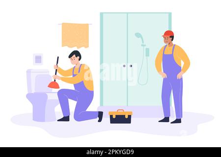 Plumbers clearing blockage in toilet with plunger Stock Vector