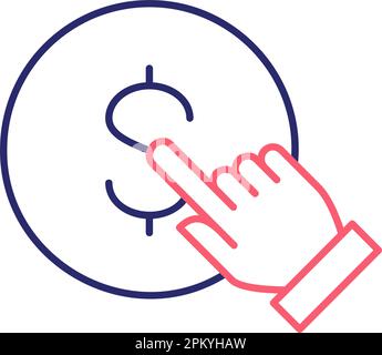 Finger click the coin, button press, finger touch on money outline color icon. Finance, payment, invest finance symbol design. Stock Vector