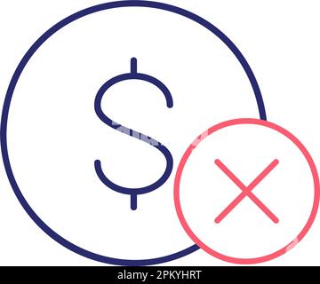 Coin with cross marks, rejected, incorrect outline color icon. Finance, payment, invest finance symbol design. Stock Vector
