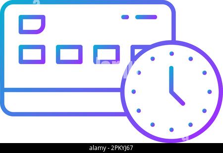 Credit card with clock, money payment processing, time is money gradient lineal icon. Shopping, online banking, finance symbol design. Stock Vector