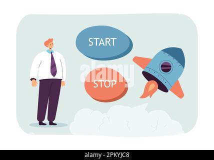 Flying rocket and businessman with start and stop buttons Stock Vector