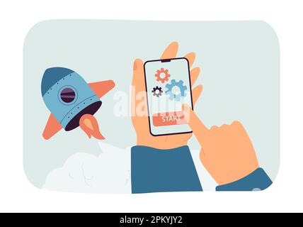 Finger touching start button on phone and launching rocket Stock Vector