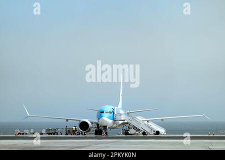 A TUI aircraft on the apron of a busy airport . Servicing Teams are preparing the plane for flight and loading passengers luggage Stock Photo