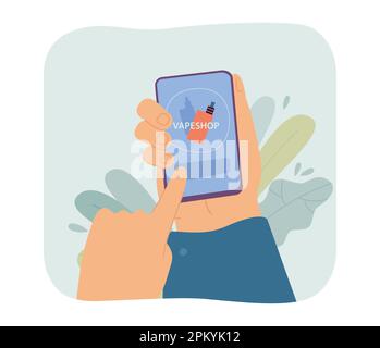 Hand of person holding phone and buying vape via internet store Stock Vector