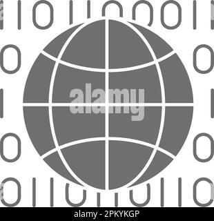 Globe earth with code, digital world grey fill icon. Global technology, internet, social network symbol design. Stock Vector
