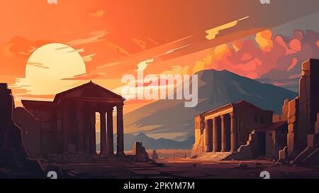 Illustration of a panoramic view of Pompeii and Mount Vesuvius, Italy Stock Photo