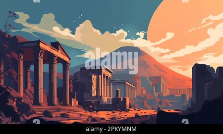 Illustration of a panoramic view of Pompeii and Mount Vesuvius, Italy Stock Photo