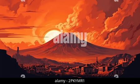 Illustration of a panoramic view of Pompeii and Mount Vesuvius, Italy Stock Photo