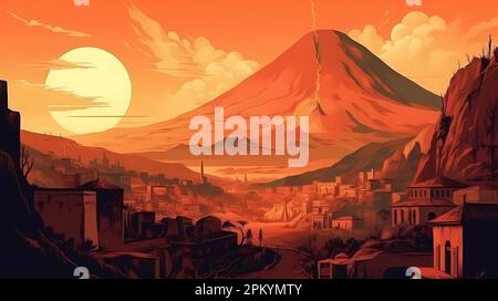 Illustration of a panoramic view of Pompeii and Mount Vesuvius, Italy Stock Photo