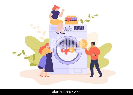 Tiny people washing clothes in huge washing machine Stock Vector