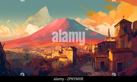 Illustration of a panoramic view of Pompeii and Mount Vesuvius, Italy Stock Photo