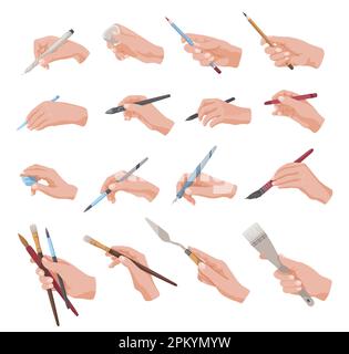 Hands holding writing or painting tools vector illustrations set Stock Vector