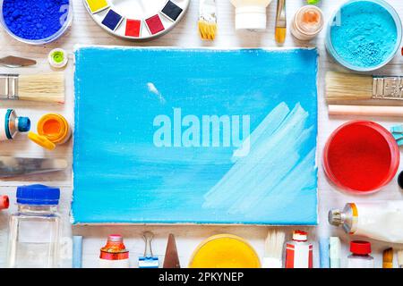 Painting equipment on white background - top view Stock Photo