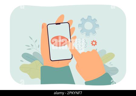 Finger pressing start button on phone flat vector illustration Stock Vector