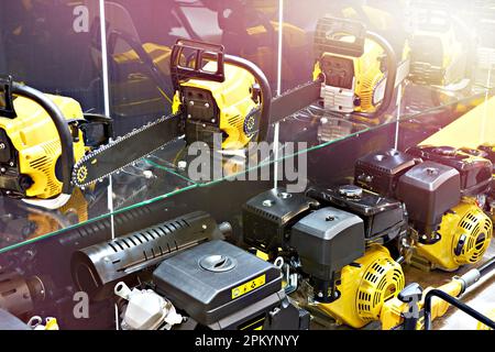 Gasoline chainsaws in the store Stock Photo