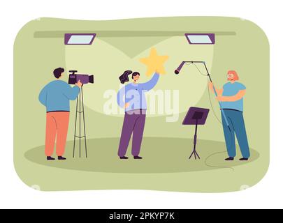 Studio shooting with presenter, cameraman and boom operator Stock Vector