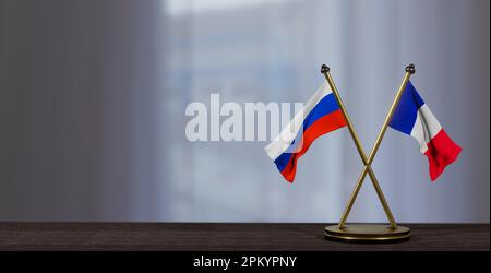 Russia and France flags on table. Negotiation between France and Russia. on little blur background. 3D work and 3D image Stock Photo