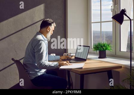 Businessman working with laptop and documents on his desk in office Stock Photo