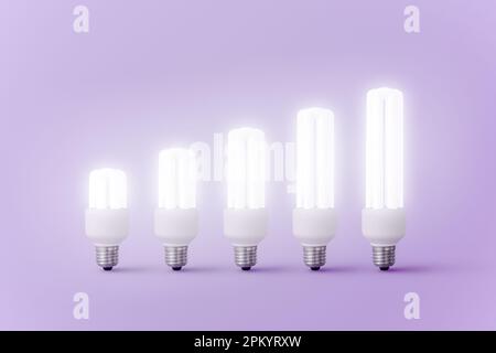 Growing diagram with burning light bulbs representing concept of ideas for increasing profits and income in business against violet background Stock Photo