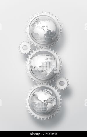 Round shaped earth globe placed inside of mechanical cogwheels isolated on white background Stock Photo
