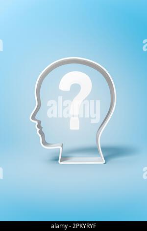 Question mark icon placed inside empty human head shape isolated on blue backdrop Stock Photo