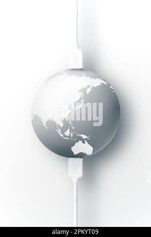 Round shaped globe world map connected by digital USB cable and placed against white background Stock Photo