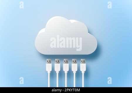 White cloud storage system with connecting USB wires of different devices against blue background Stock Photo