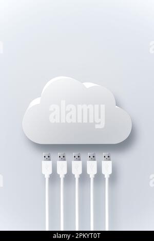 White cloud storage system with connecting USB wires of different devices against white background Stock Photo
