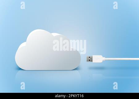 White cloud storage system with connecting USB wire against blue background Stock Photo