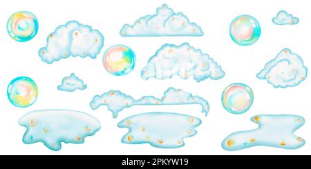 A set of multicolored watercolor soap foams and bubbles different shapes - isolated illustrations. Simple, cosy design. Cartoon style Stock Photo