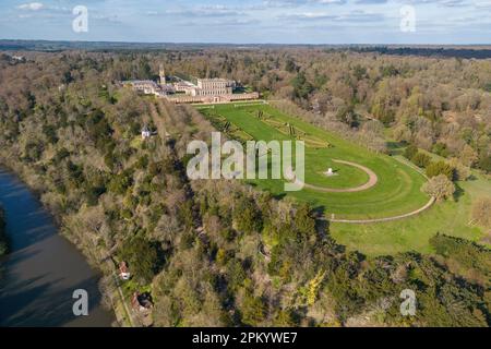 Aerial view of Cliveden House beside the River Thames, Buckinghamshire, UK. Stock Photo