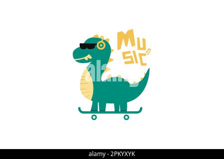 Vector dino playing skateboard cartoon illustration Stock Vector