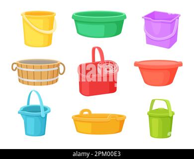 Plastic basin, wooden barrel and bucket for water set Stock Vector