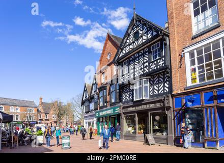 Nantwich Cheshire East - Nantwich high street with half timbered buildings and people shopping Nantwich Cheshire England UK GB Europe Stock Photo