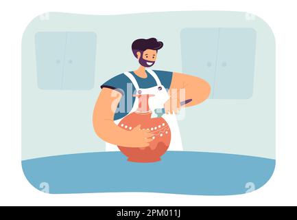 Happy man in apron painting ornament on vase Stock Vector