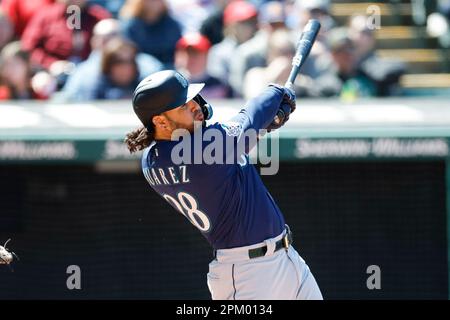 Seattle Mariners' Eugenio Suarez bats against the Cleveland Guardians  during the third inning of a baseball game, Sunday, April 9, 2023, in  Cleveland. (AP Photo/Ron Schwane Stock Photo - Alamy