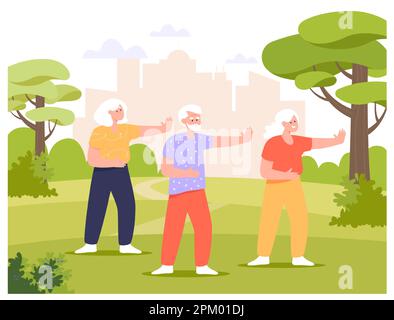 Group of old people doing Tai Chi or Qigong exercises outdoors Stock Vector