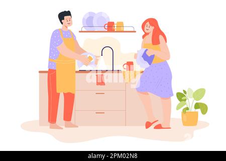 Happy couple washing dishes together flat vector illustration Stock Vector