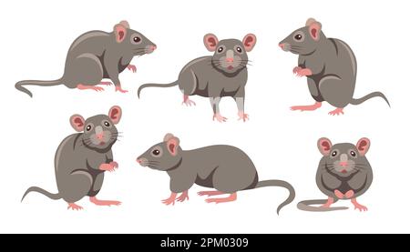 Cute grey mouse in different poses cartoon illustration set Stock Vector