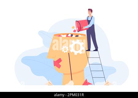 Tiny worker putting garbage in big human head Stock Vector