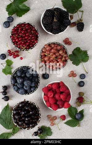 Summer vitamin food concept, set of various berries - blueberry, raspberry, blackberry, red white and black currant in bowls, Top view Stock Photo